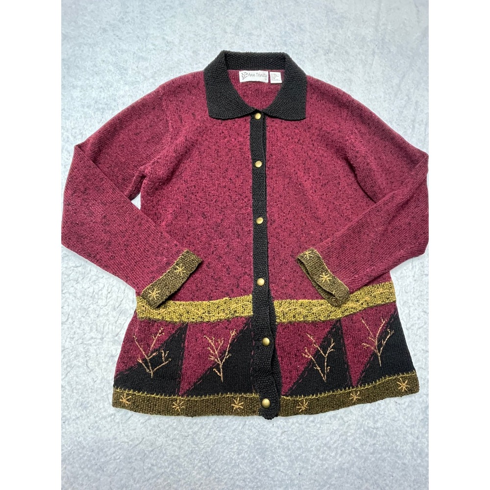 Ann Trinity Womens M Burgundy‎ Knit Cardigan Embroidered boho cottage unique vtg